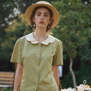 Simple Retro vintage style Kimura Patchwork Collar Blouse (Khaki Green)
